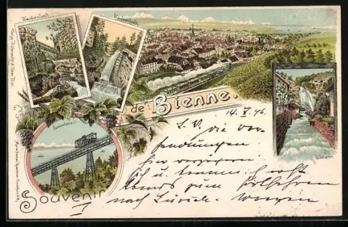 Lithographie Bienne, Funiculaire, Taubenloch, Twann