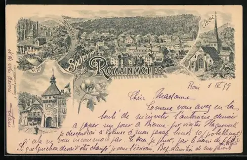 Lithographie Romainmôtier, La Tour, L`Église, Tuilleries