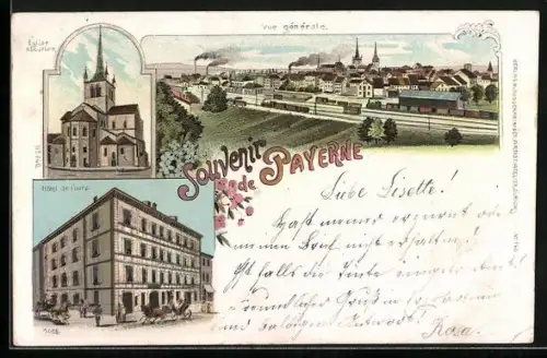 Lithographie Payerne, Hotel de l`ours, Église Abbetlaie, Vue générale