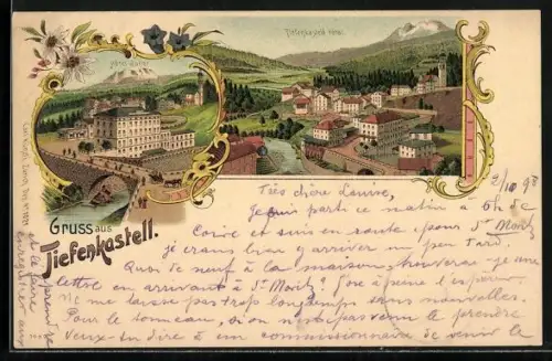 Lithographie Tiefenkastel, Hotel Julier, Teilansicht der Ortschaft