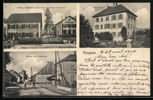 AK Vicques, Bäckerei von I. Walser-Crolimond, Kirche mit Umgebung, Schulhaus