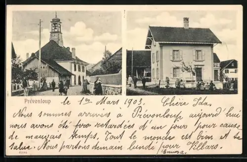 AK Prévonloup, Strassenpartie und Villa mit Anwohnern