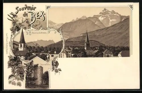 Lithographie Bex, Tour de Duin, les Diablerets, vue générale