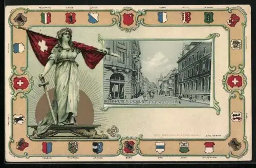 AK Basel, Spalenvorstadt, Helvetia mit Schwert und Flagge, Wappen Bern, Thurgau und Aargau