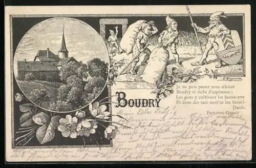 AK Boudry, Blick auf die Kirche, Passepartout mit Zwergen und Wappen