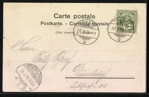 AK Boudry, Blick auf die Kirche, Passepartout mit Zwergen und Wappen