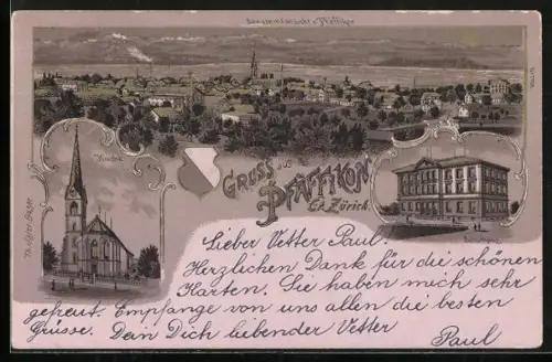 Lithographie Pfäffikon, Ansicht von Schulhaus und Kirche, Gesamtansicht