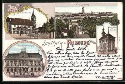 Lithographie Fribourg, Hôtel de ville, vue générale, Nouvel Hôtel des Postes