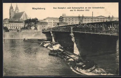 AK Magdeburg, Dampfer- und Kahnunglück an der Strombrücke 1913