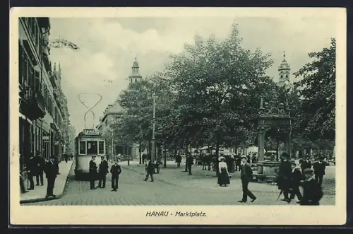 AK Hanau, Marktplatz mit Strassenbahn