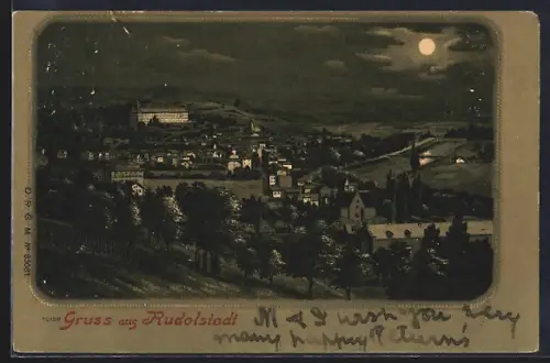 Mondschein-Lithographie Rudolstadt, Ortsansicht bei Nacht