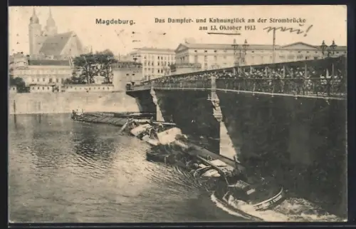 AK Magdeburg, Dampfer- und Kahnunglück an der Strombrücke 1913