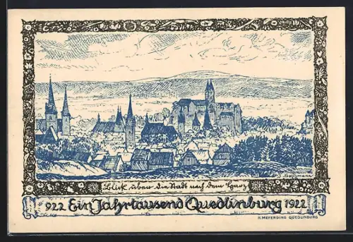Lithographie Quedlinburg, Jahrtausendfeier 1922, Blick über die Stadt