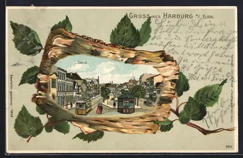 Passepartout-Lithographie Hamburg-Harburg, Sand mit Strassenbahn im Rindenpassepartout
