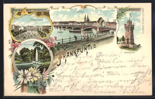 Lithographie Frankfurt a. O., Oderbrücke, Wilhelmsplatz, Promenade, Kleistturm