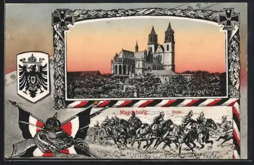 AK Magdeburg, Dom, Wappen, Soldaten zu Pferd