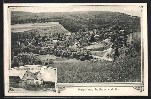 AK Hetschburg b. Berka, Gasthof von R. Ketterl, Ortspanorama