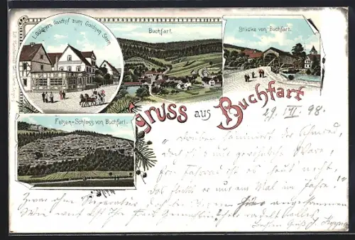 Lithographie Buchfart, Gasthof zum Goldnen Stern, Bes. L. Güldner, Felsen-Schloss und Brücke