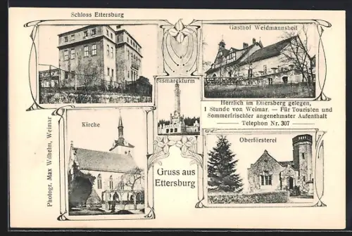 AK Ettersburg, Gasthof Weidmannsheil, Oberförsterei, Schloss Ettersburg, Kirche