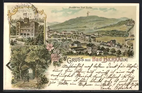 Lithographie Bad Berka /Ilm., Goethe Allee, Ortsansicht aus der Vogelschau