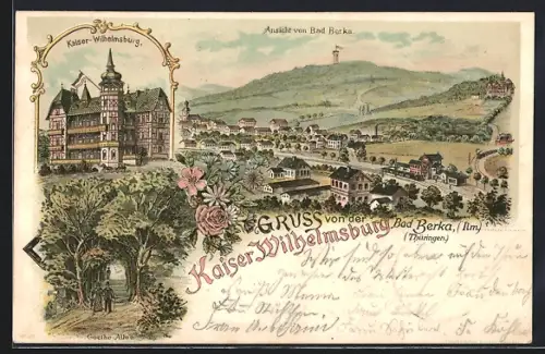 Lithographie Bad Berka /Ilm., Kaiser Wilhelmsburg, Goethe Allee, Ortsansicht