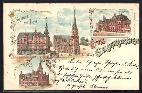 Lithographie Gelsenkirchen, Restaurant zur Post, Kathol. Kirche, Rathaus, Post, Amtsgericht