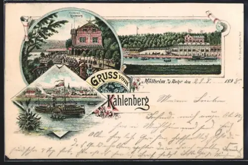 Lithographie Mülheim / Ruhr, Restaurant Kahlenberg, Dampfer auf der Ruhr