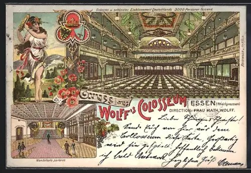 Lithographie Essen, Wolff`s Colosseum, Saal und Wandelhalle-Parterre