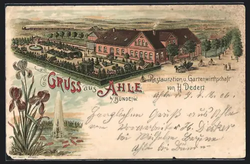 Lithographie Bünde i. W., Gasthof Ahle von H. Dedert