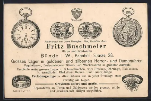 Künstler-AK Bünde i. W., Fritz Buschmeier Uhren und Goldwaren in der Bahnhof-Strasse 28