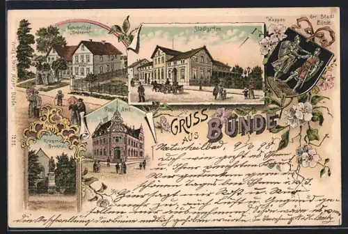 Lithographie Bünde, Stadtgarten, Postamt, Naturheilbad Brunnen
