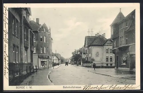 AK Bünde i. W., Geschäft von Heinrich Beimdieke in der Bahnhofstrasse