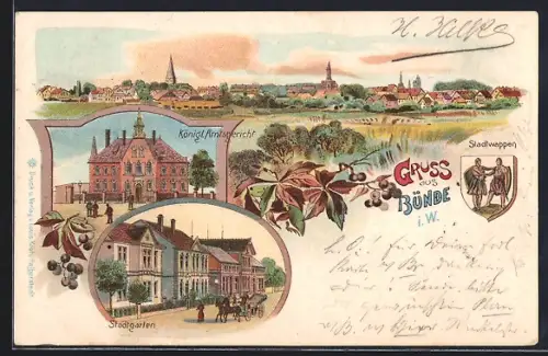 Lithographie Bünde i. W., Königl. Amtsgericht, Stadtgarten, Stadtwappen