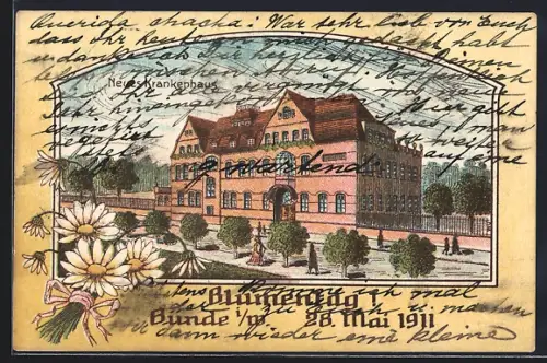 AK Bünde i. W., Blumentag 28. Mai 1911, Neues Krankenhaus
