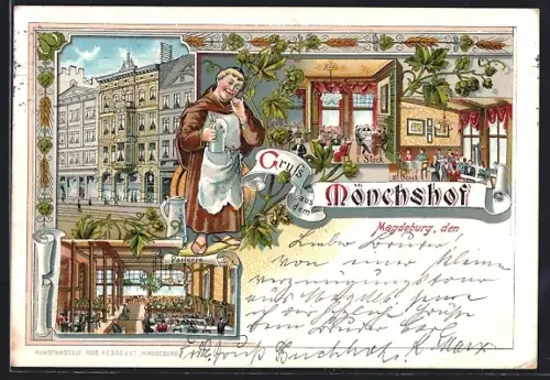 Lithographie Magdeburg, Gasthaus zum Mönchshof, Parterre, 1. u. 2. Stock, Aussen- u. Innenansichten, Mönch