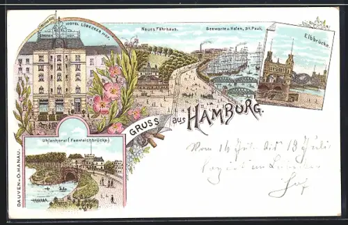 Lithographie Hamburg, Hotel Lübecker Hof, Elbbrücke, Neues Fährhaus, Uhlenhorst