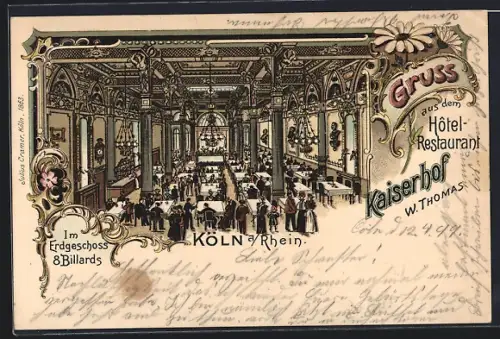 Lithographie Köln a / Rhein, Hôtel-Restaurant Kaiserhof, Innenansicht
