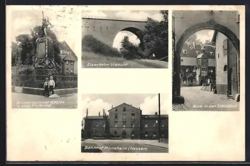 AK Monsheim /Hessen, Eisenbahn-Viadukt, Kriegerdenkmal und Schlosshof