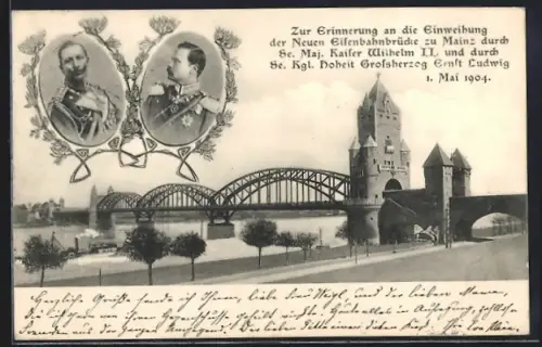 AK Mainz, Einweihung der neuen Eisenbahnbrücke durch Grossherzog Ernst Ludwig und Kaiser Wilhelm II. am 1.5.1904