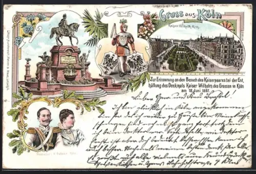 Lithographie Köln-Neustadt, Kaiser Wilhelm I. Denkmal, Kaiser Wilhelm-Ring