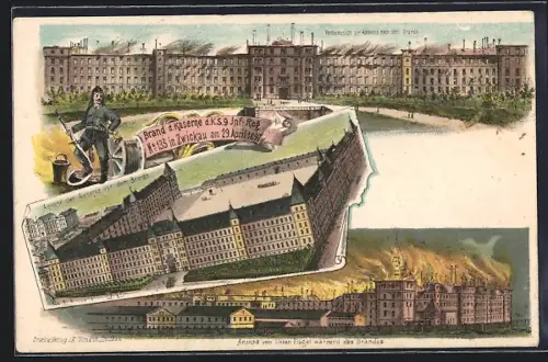 Lithographie Zwickau, Brand d. Kaserne d. K.S. 9 Inf.-Reg Nr.133 1897