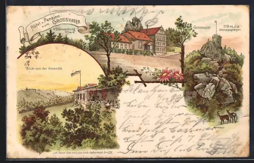Lithographie Blankenburg / Harz, Hotel und Pension zum Grossvater, Blick von der Veranda