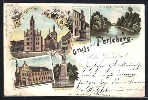 Lithographie Perleberg, Blick auf die Stepenitz, Roland, Kaiserl. Postamt & Kriegerdenkmal