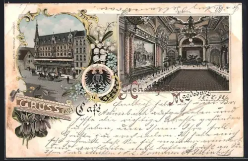 Lithographie Magdeburg, Cafe Hohenzollern, Festsaal, Aussen- u. Innenansicht, Pferdekutsche