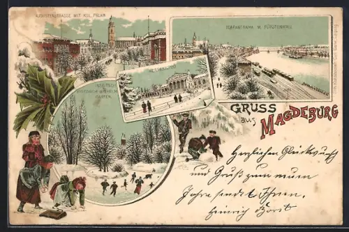 Winter-Lithographie Magdeburg, Augustenstrasse, Herrenkrug, Elbpanorama m. Fürstenwall