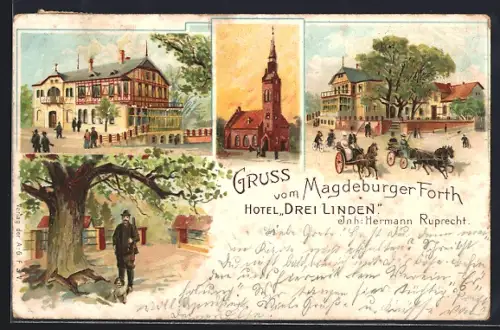 Lithographie Magdeburger Forth, Hotel Drei Linden, Kirche