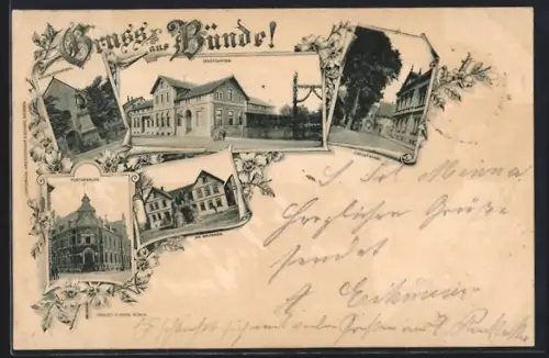AK Bünde, Gasthaus zum Stadtgarten, Kriegerdenkmal, Post