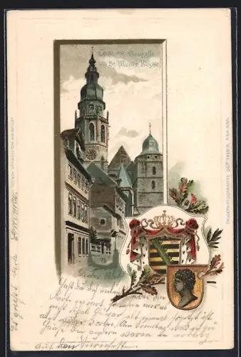 Passepartout-Lithographie Coburg, Neugasse mit St. Moritz-Kirche