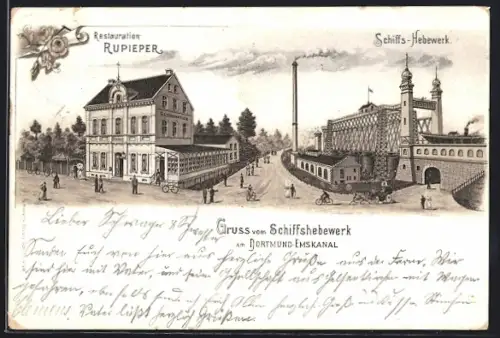 Lithographie Dortmund, Emskanal, Restaurant Rupierer am Schiffs-Hebewerk
