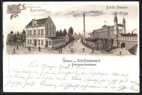 Lithographie Meckinghoven, Restaurant Rupieper, Schiffshebewerk am Dortmund-Emskanal